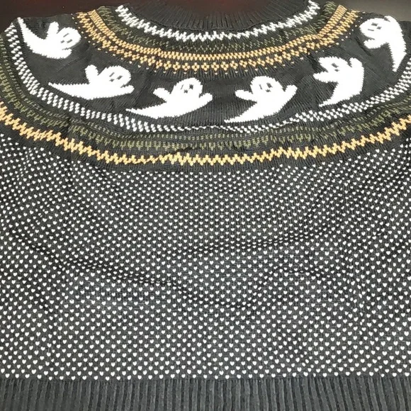Halloween Black and White Ghost Pattern Sweater Sizes L, XL, and XXL - Picture 4 of 7